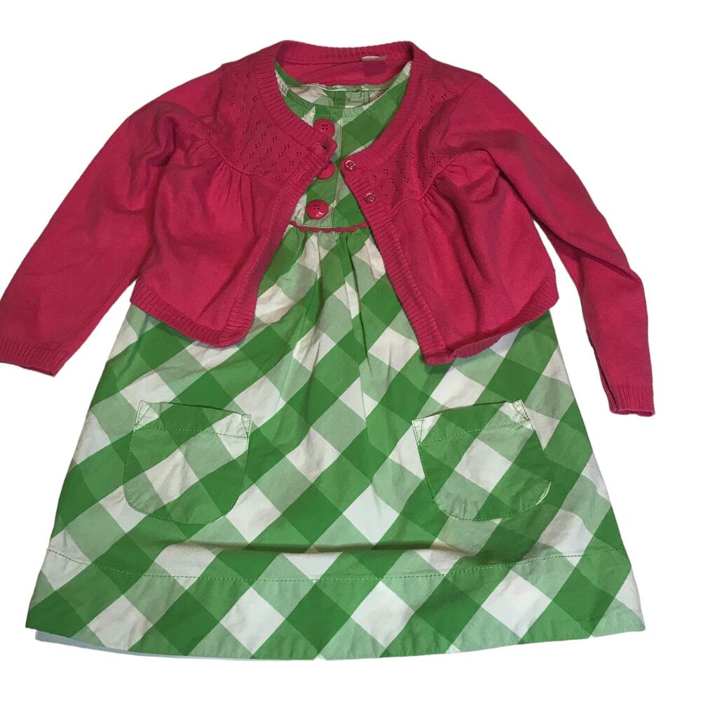 Girls Size 4 Green Gingham Sundress Hot Pink Cardigan 2 Piece Cottagecore Set